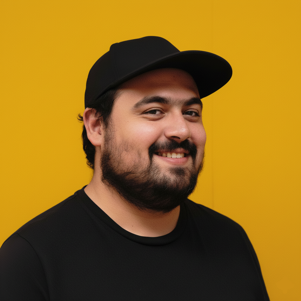 Michele Di Nardo, in a black cap and tee, against a mustard-yellow backdrop.